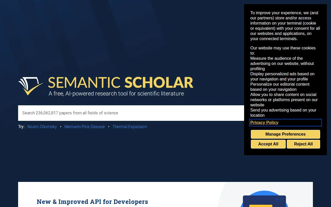 Semantic Scholar官网截图 - AI 工具类医学工具使用界面