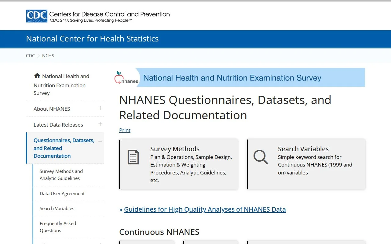 NHANES官网截图 - 公共数据库类医学工具使用界面