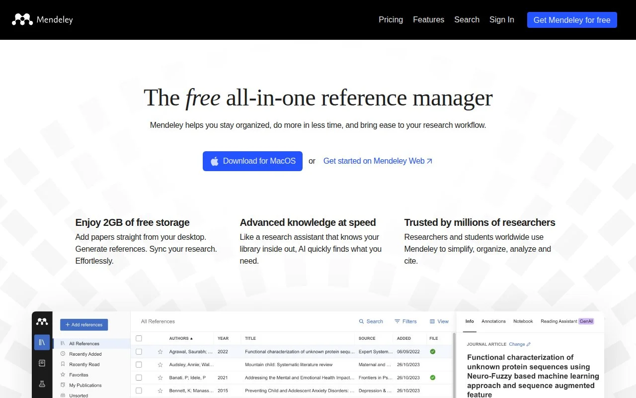 Mendeley官网截图 - 文献管理类医学工具使用界面