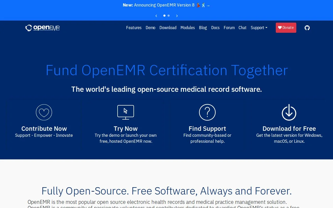 OpenEMR官网截图 - 开源工具类医学工具使用界面