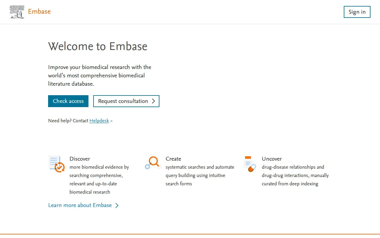 Embase官网截图 - 公共数据库类医学工具使用界面