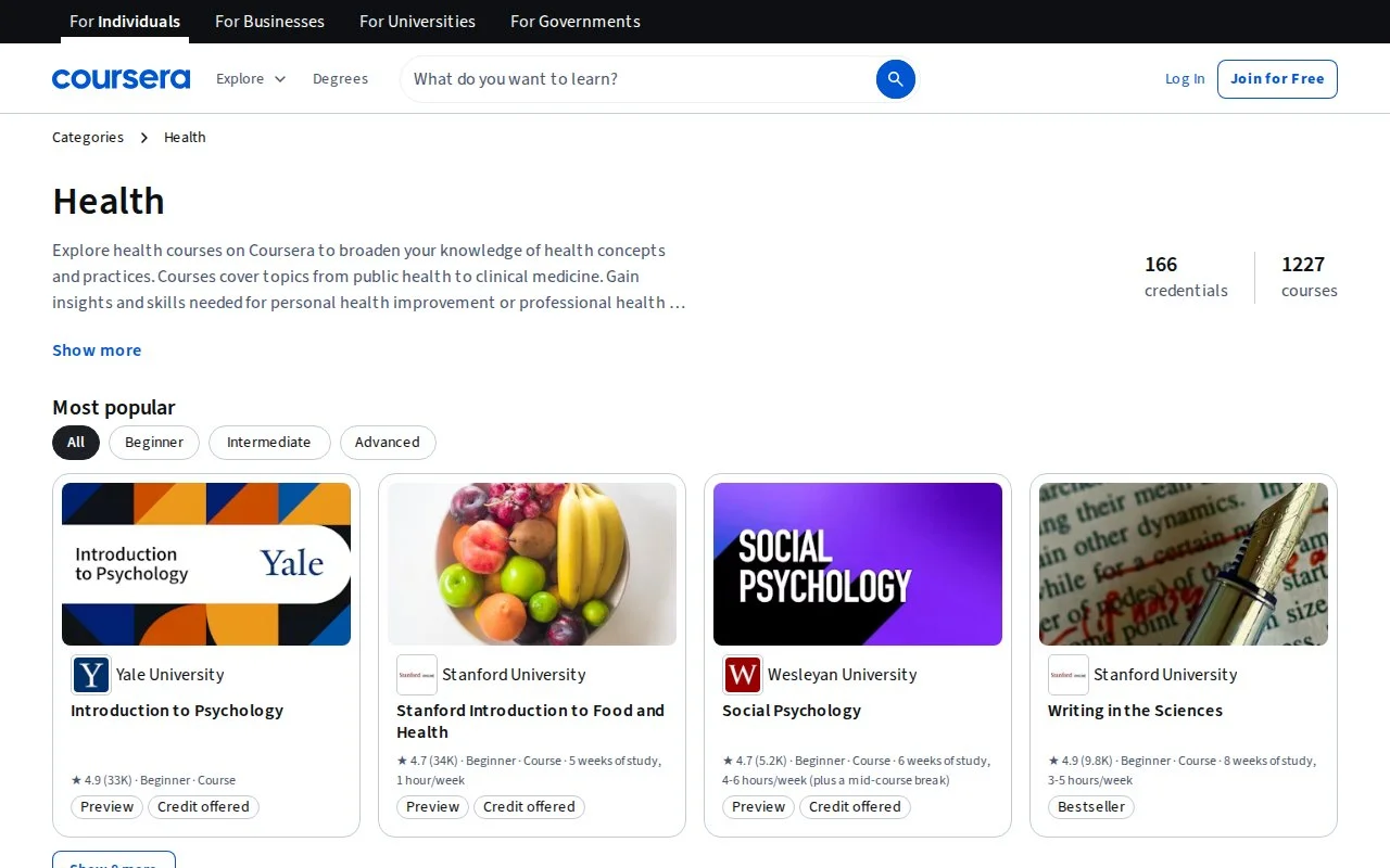 Coursera 医学官网截图 - 教育平台类医学工具使用界面