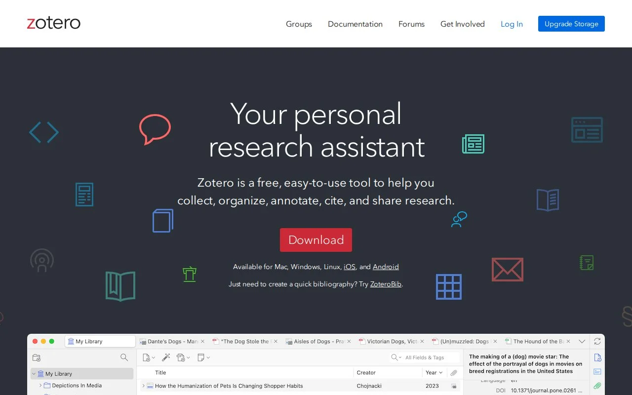 Zotero官网截图 - 文献管理类医学工具使用界面