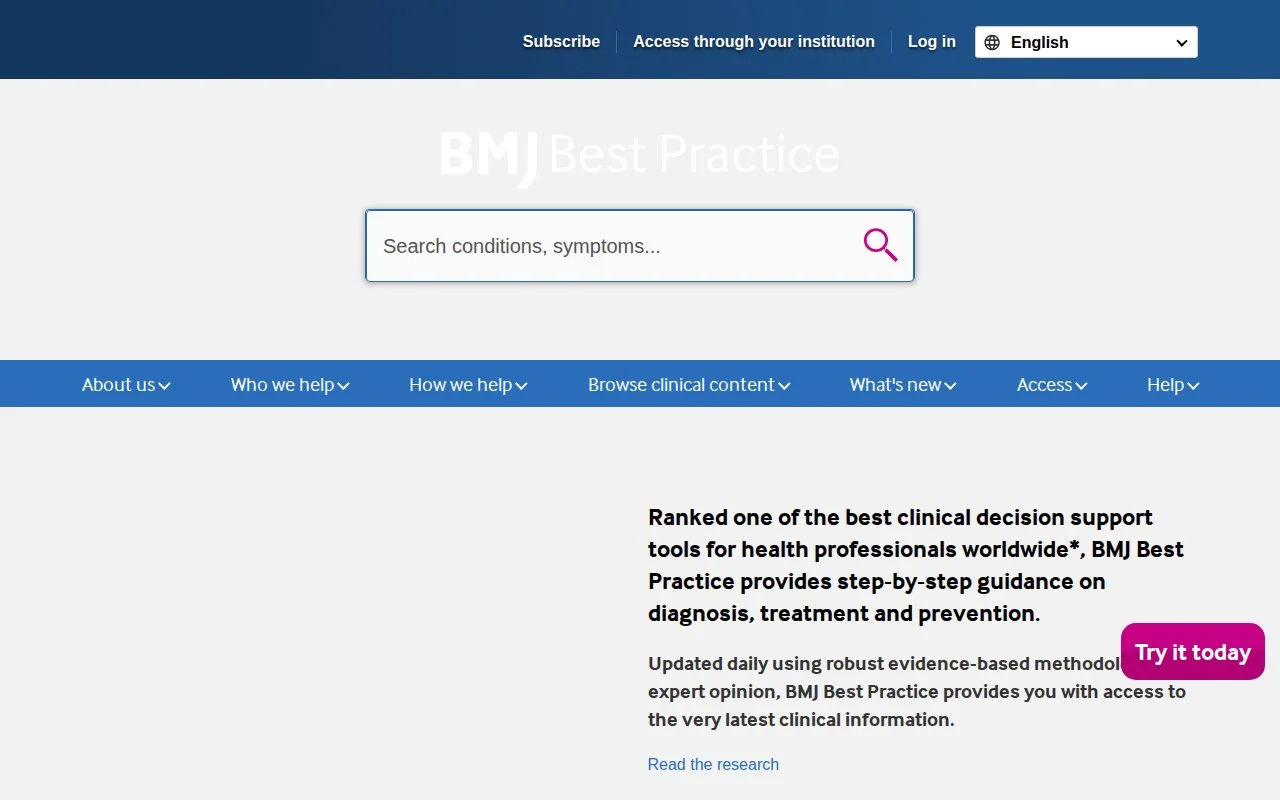 BMJ Best Practice官网截图 - 临床指南类医学工具使用界面