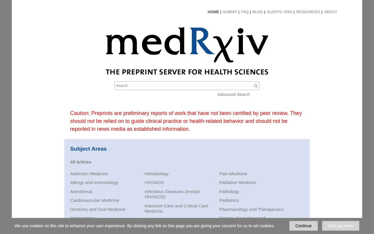 medRxiv官网截图 - 国外站点类医学工具使用界面
