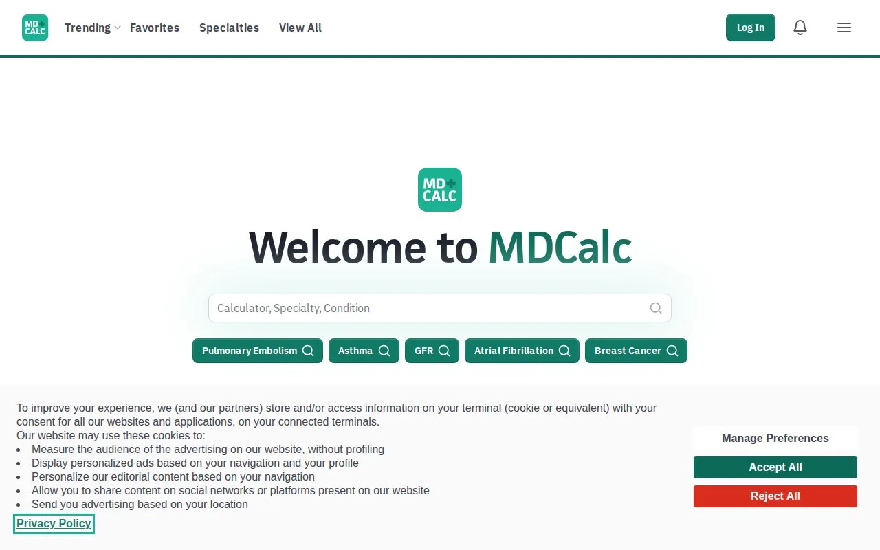 MDCalc官网截图 - 医学工具类医学工具使用界面